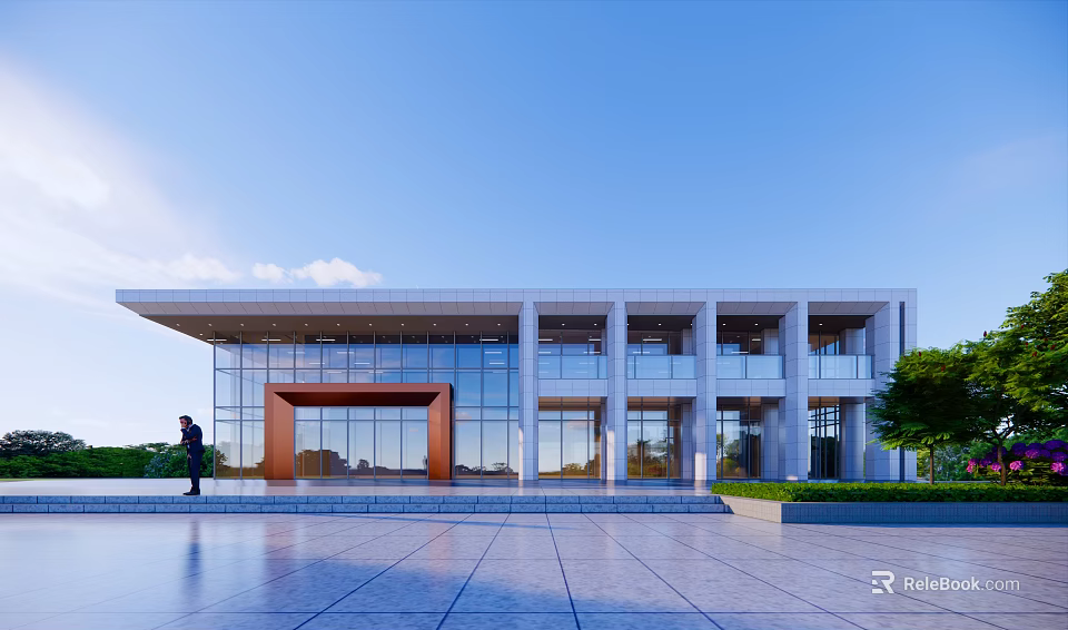 Modern Sales Office Building With Glass Curtain Walls And Spacious Front Plaza Area 3d model 
