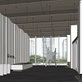 Modern Front Desk Lobby With White Walls Wooden Ceiling Large Windows And Black Marble Floors