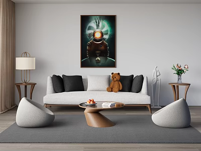 Modern Living Room Interior With Gray Sofa Black Pillows Teddy Bear Coffee Table And Artwork 3d model