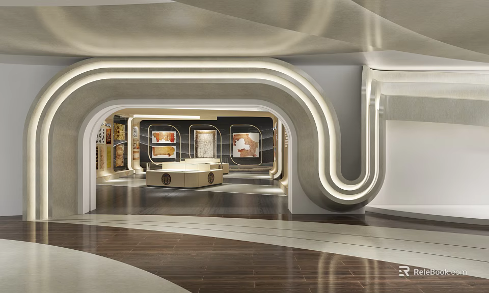 Elegant Modern Exhibition Hall Interior With Curved Architecture Lighting Display Areas And Polished Floor 3d model 