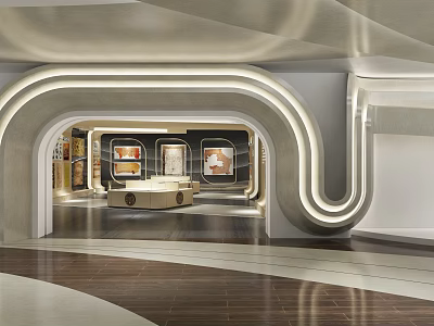 Elegant Modern Exhibition Hall Interior With Curved Architecture Lighting Display Areas And Polished Floor 3d model