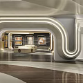 Elegant Modern Exhibition Hall Interior With Curved Architecture Lighting Display Areas And Polished Floor