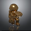Golden Astronaut Sculpture Kneeling Holding Decorative Flower Like Disc With Metallic Finish