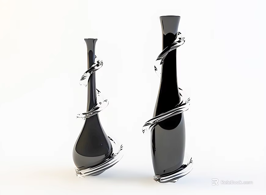 Decorative Black Vases With Silver Spiral Wraps And Modern Design 3d model 