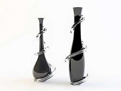 Decorative Black Vases With Silver Spiral Wraps And Modern Design 3d model