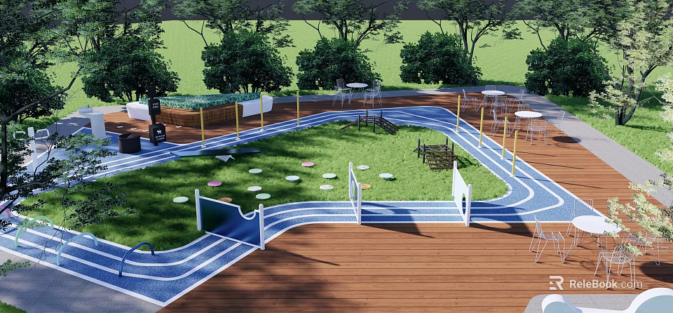 Outdoor Playground Area With Green Grass Lawn Blue Pathways And Trees 3d model 