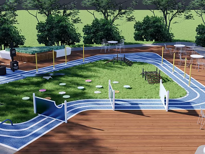 Outdoor Playground Area With Green Grass Lawn Blue Pathways And Trees 3d model