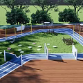 Outdoor Playground Area With Green Grass Lawn Blue Pathways And Trees
