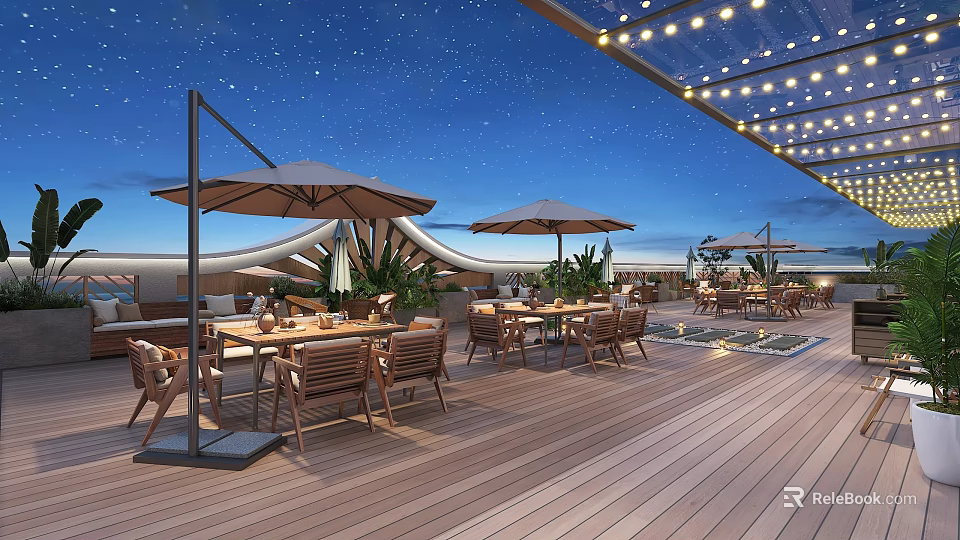 Starry Sky Patio Garden With Wooden Tables Chairs Umbrellas Plants And String Lights 3d model 