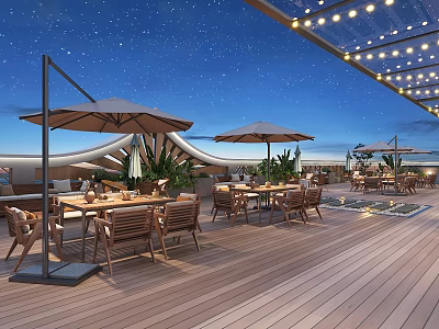 Starry Sky Patio Garden With Wooden Tables Chairs Umbrellas Plants And String Lights 3d model