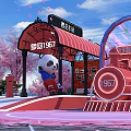 Cherry Blossom Station With Red Train Pink Trees Blue Arch Astronaut Panda Dolls Pink Petals
