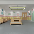 Cozy Kindergarten Interior With Wooden Beds Colorful Wall Decor And Striped Walls