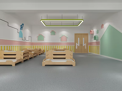 Cozy Kindergarten Interior With Wooden Beds Colorful Wall Decor And Striped Walls 3d model