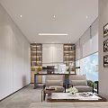 Modern Office Interior With Desk Bookshelves Sofa Coffee Table And Lighting Fixtures