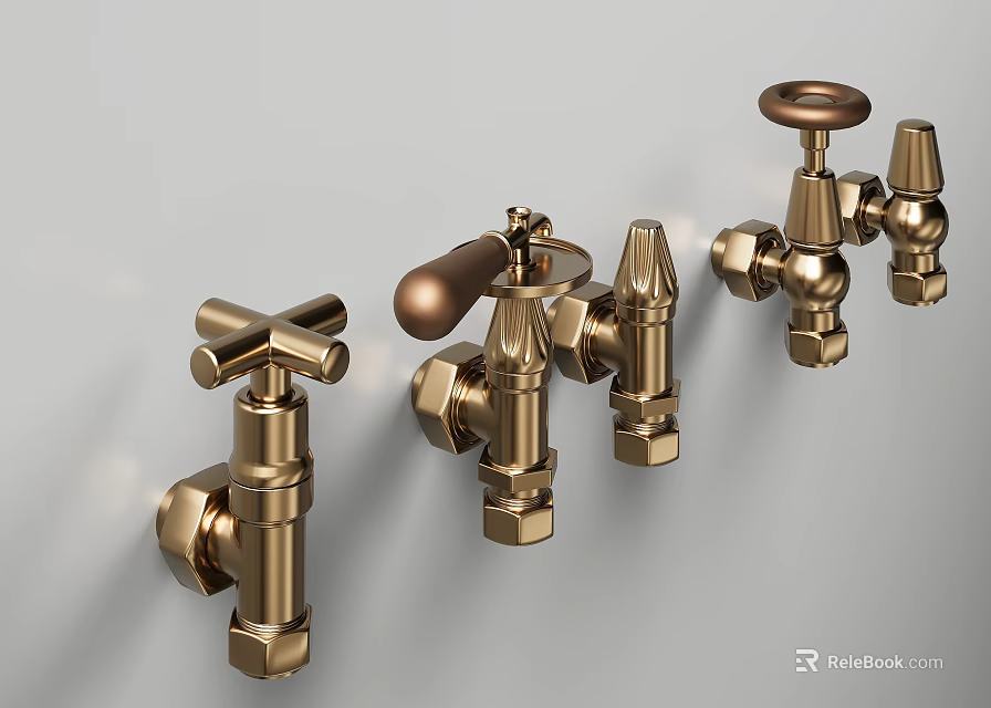 Three Vintage Gold Faucets With Different Handle Styles On Grey Wall 3d model 