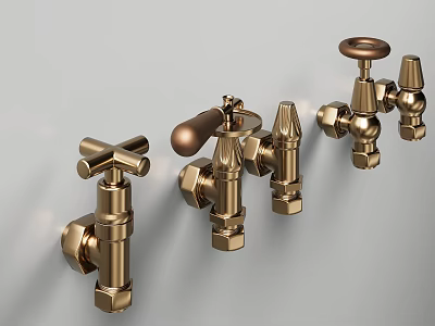 Three Vintage Gold Faucets With Different Handle Styles On Grey Wall 3d model