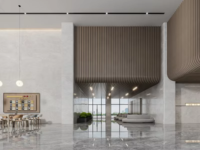 Modern Front Desk Reception Area With Marble Flooring Wooden Paneling And Pendant Lights 3d model