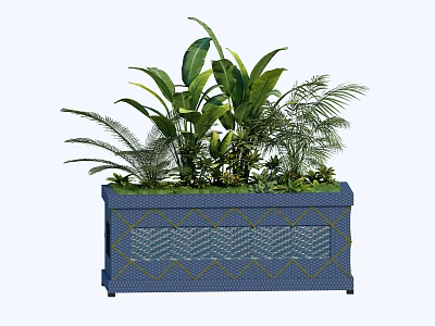 Blue Garden Planter With Diamond Pattern And Various Green Plants Including Large Leaves And Ferns 3d model