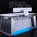 Modern Office Desk With Dual Monitors Blue Digital Screens And Blue LED Lighting