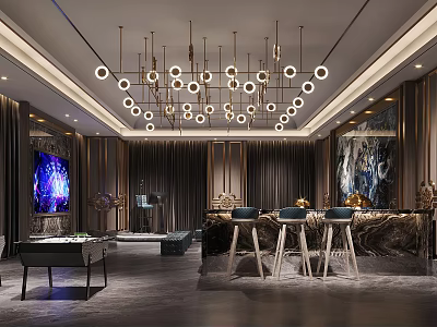 Modern KTV Interior Design With Chandeliers Sofas Bar Counter And Decorative Walls 3d model