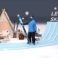 Skier Holding Skis Near Snowy Tent With Snowflakes And Skiing Sign