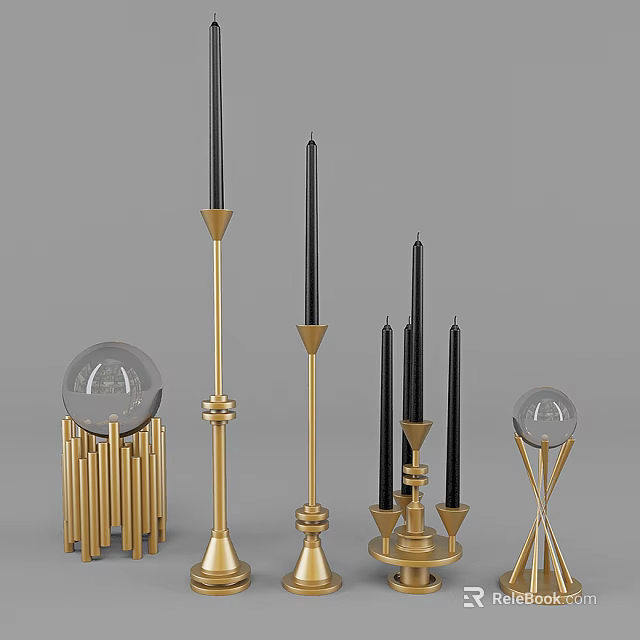 Stylish Candle Lamps With Golden Metal Bases Black Candles And Decorative Sphere Designs 3d model 