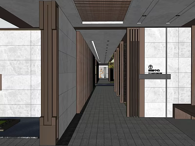 Elegant Corridor With Wooden Accents White Walls And Tiles Leading To Garden Landscape 3d model