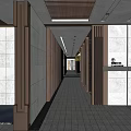 Elegant Corridor With Wooden Accents White Walls And Tiles Leading To Garden Landscape