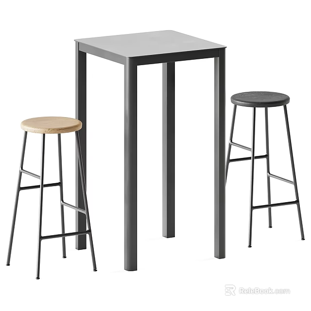 Modern Minimalist Bar Table with Two Stools Metal Frame Light Dark Wooden Seats 3d model