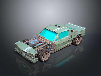 Light Green Vintage Modified Car With Exposed Engine White Stripes And Large Wheels 3d model