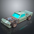 Light Green Vintage Modified Car With Exposed Engine White Stripes And Large Wheels