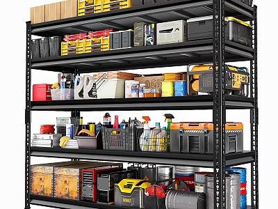 Multi Tiered Storage Shelf With Organized Bins Tools And Colored Containers 3d model