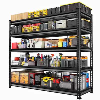 Multi Tiered Storage Shelf With Organized Bins Tools And Colored Containers 3d model