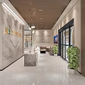 Modern White Reception Desk With Marble Wall Hanging Lights And Green Plant Decor