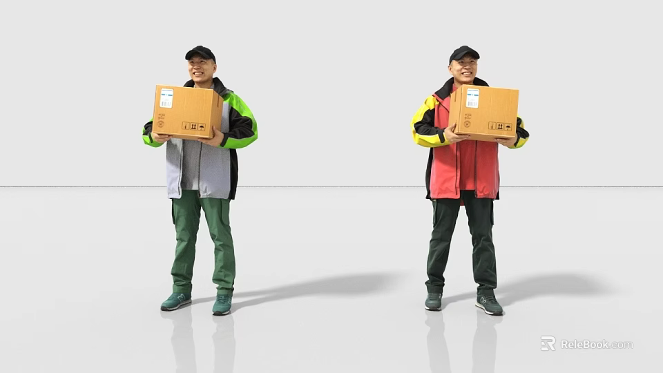 Two Men Wearing Different Colored Jackets Holding Cardboard Boxes Standing On White Background 3d model
