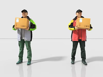 Two Men Wearing Different Colored Jackets Holding Cardboard Boxes Standing On White Background 3d model