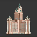 Luxury Hotel Building With Symmetrical Towers Arch Green Spires And Blue Decoration