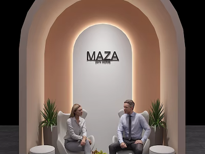 Two People Seated In Modern Arched Space With Plants And Side Tables 3d model