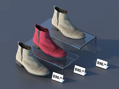 Beige and Red Ankle Boots on Clear Display Shelves with Price Tags 3d model
