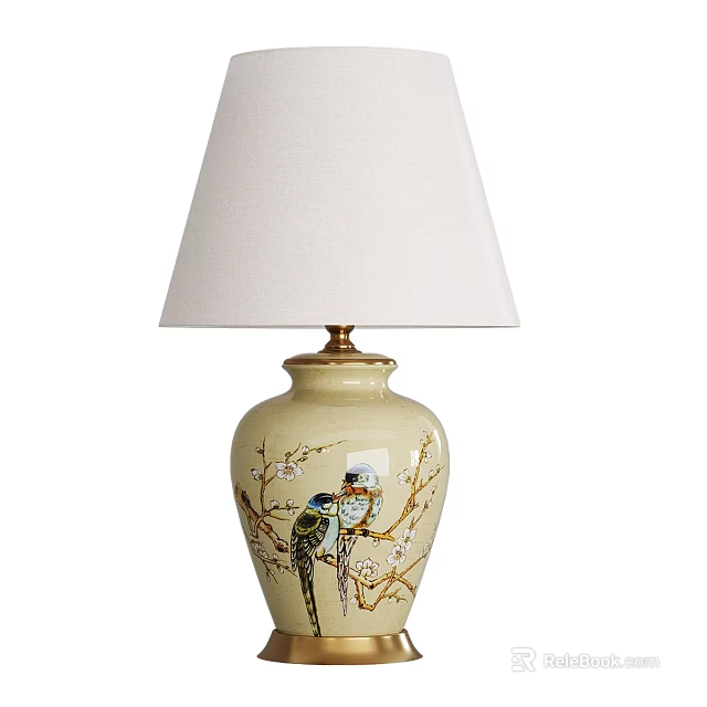 Beige Ceramic Vase Shaped Table Lamp With Bird And Branch Patterns And White Lampshade 3d model 