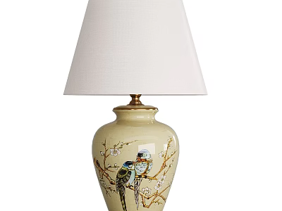Beige Ceramic Vase Shaped Table Lamp With Bird And Branch Patterns And White Lampshade 3d model