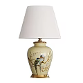 Beige Ceramic Vase Shaped Table Lamp With Bird And Branch Patterns And White Lampshade