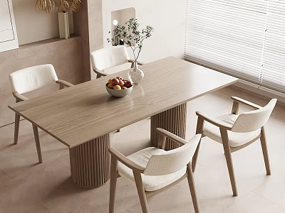 Modern Wooden Dining Table Set With White Chairs Vase And Fruit Bowl In Minimalist Room 3d model