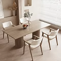 Modern Wooden Dining Table Set With White Chairs Vase And Fruit Bowl In Minimalist Room