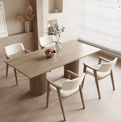 Modern Wooden Dining Table Set With White Chairs Vase And Fruit Bowl In Minimalist Room 3d model