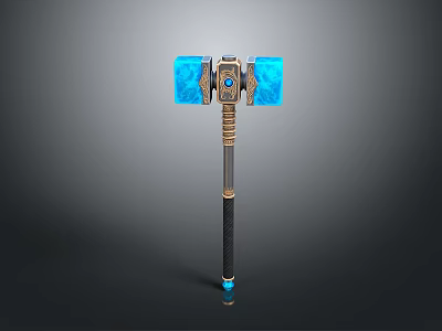 Fantasy Battle Hammer with Blue Crystal Head Central Gemstone and Ornate Black Handle 3D Render Design 3d model