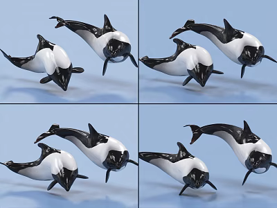 Black and White Aquatic Animal Dolphin Figures in Different Swimming Poses 3d model