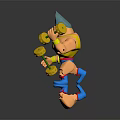 Muscular Game Movie Character With Spiky Blue Hair Yellow Shirt Blue Pants And Yellow Dumbbells