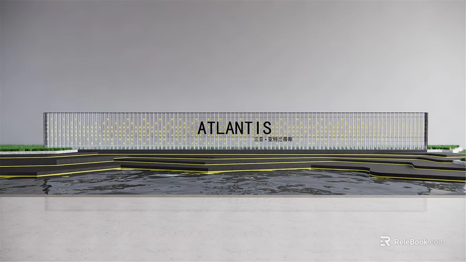 Modern ATLANTIS Feature Wall With Golden Decorative Dots And Waterfront Steps 3d model 
