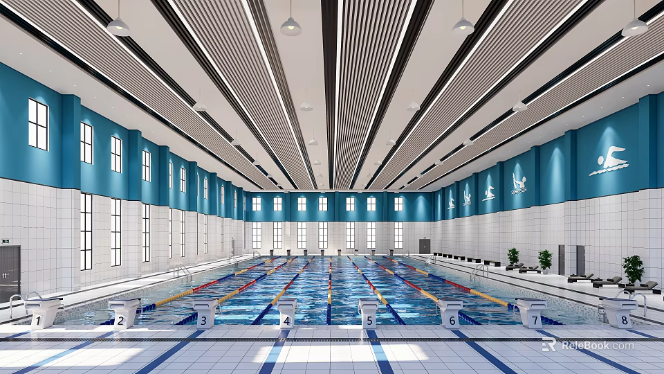 Indoor Swimming Pool With Blue Walls White Tiles Striped Ceiling And Lane Markers 3d model 